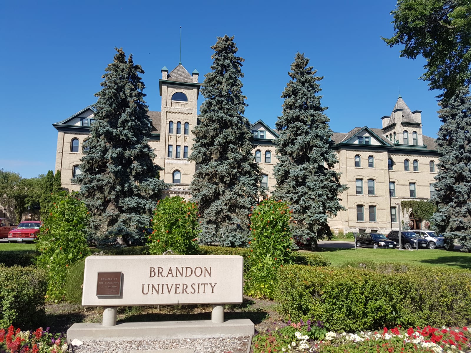 A front view of Brandon University from 13th Street