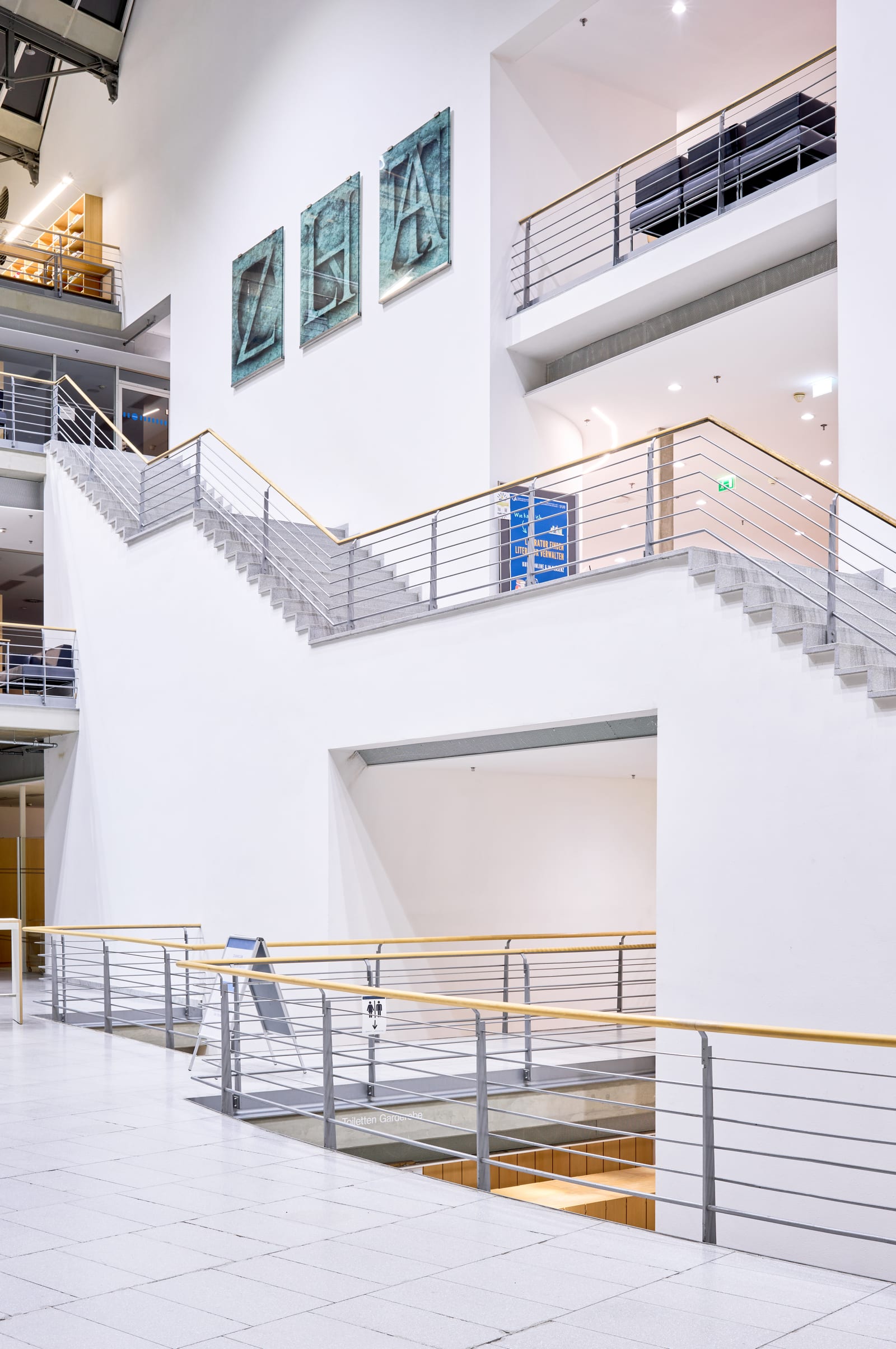 Stairway in the entrance area of the new building of the Lower Saxony State and University Library (SUB), inaugurated in 1992, on the campus of the University of Göttingen (Georg-August-Universität).