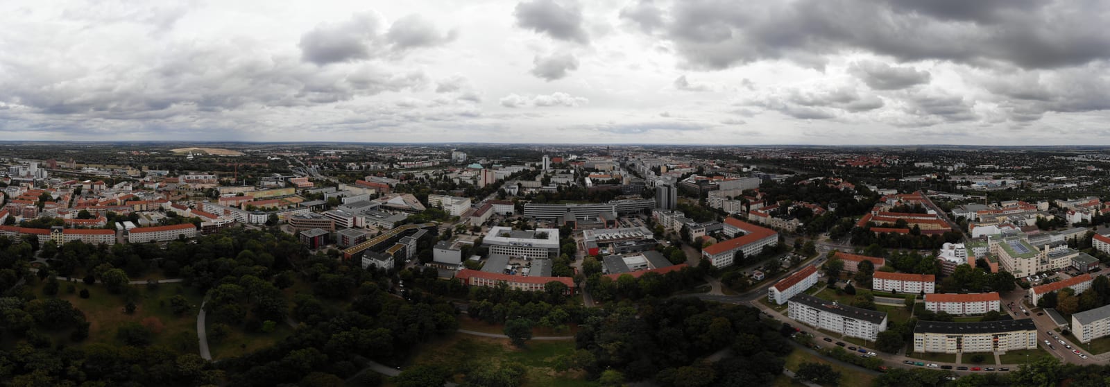 Aerial view of the main campus of the University of Magdeburg, panoramic view looking south