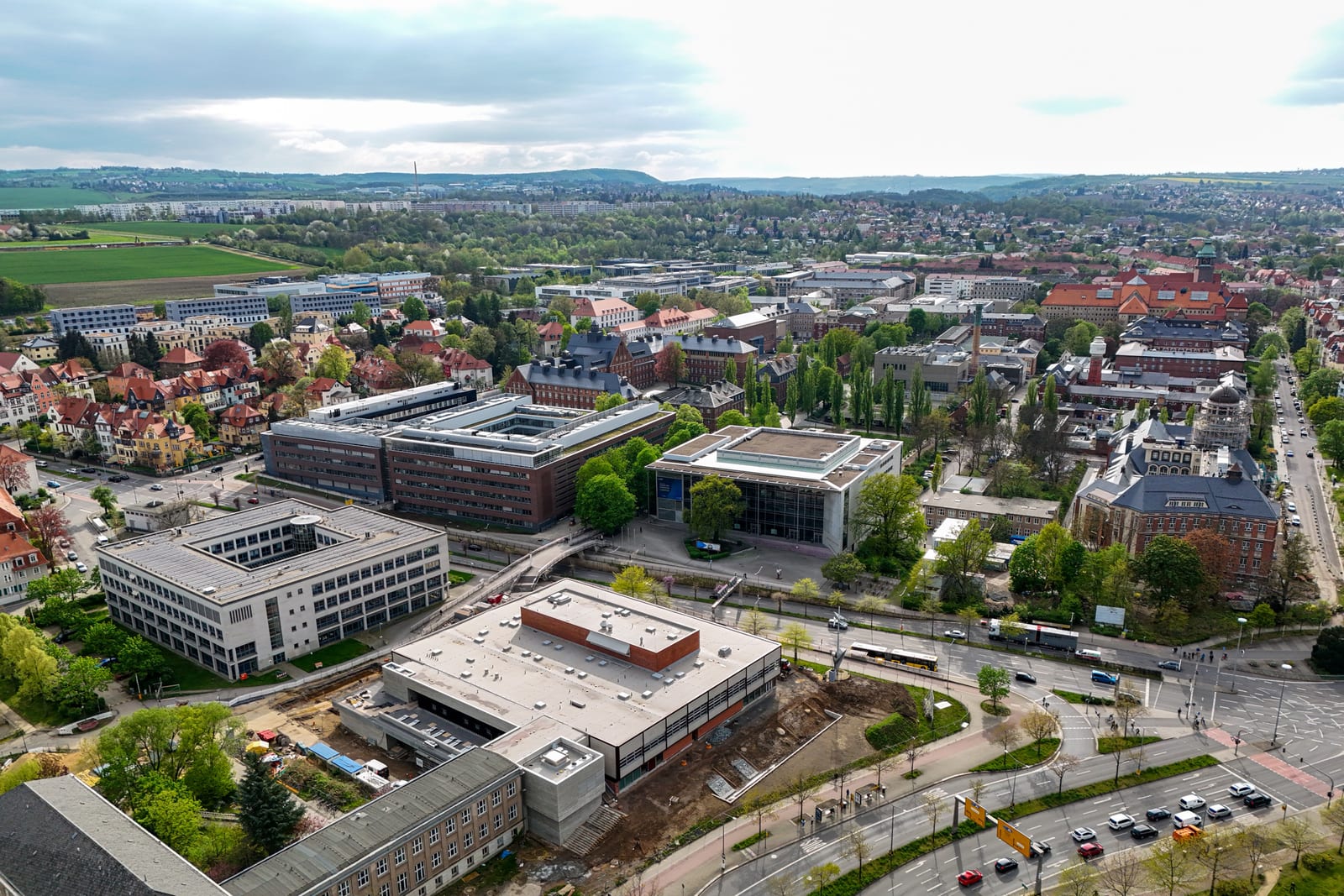 Main campus of the TU Dresden west of the "Neue Mensa" cafeteria and Bergstraße, 2024