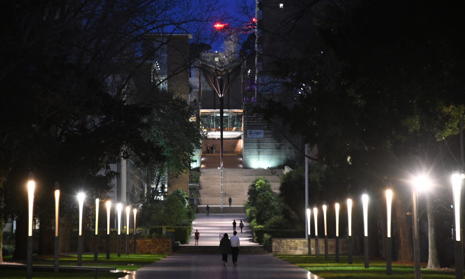 UNSW seen at dusk from entrance on Anzac Parade, Kensington, Sydney